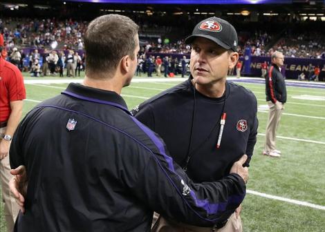 The Harbaugh brothers chatting before Super Bowl XLVII. (CBS Photo)